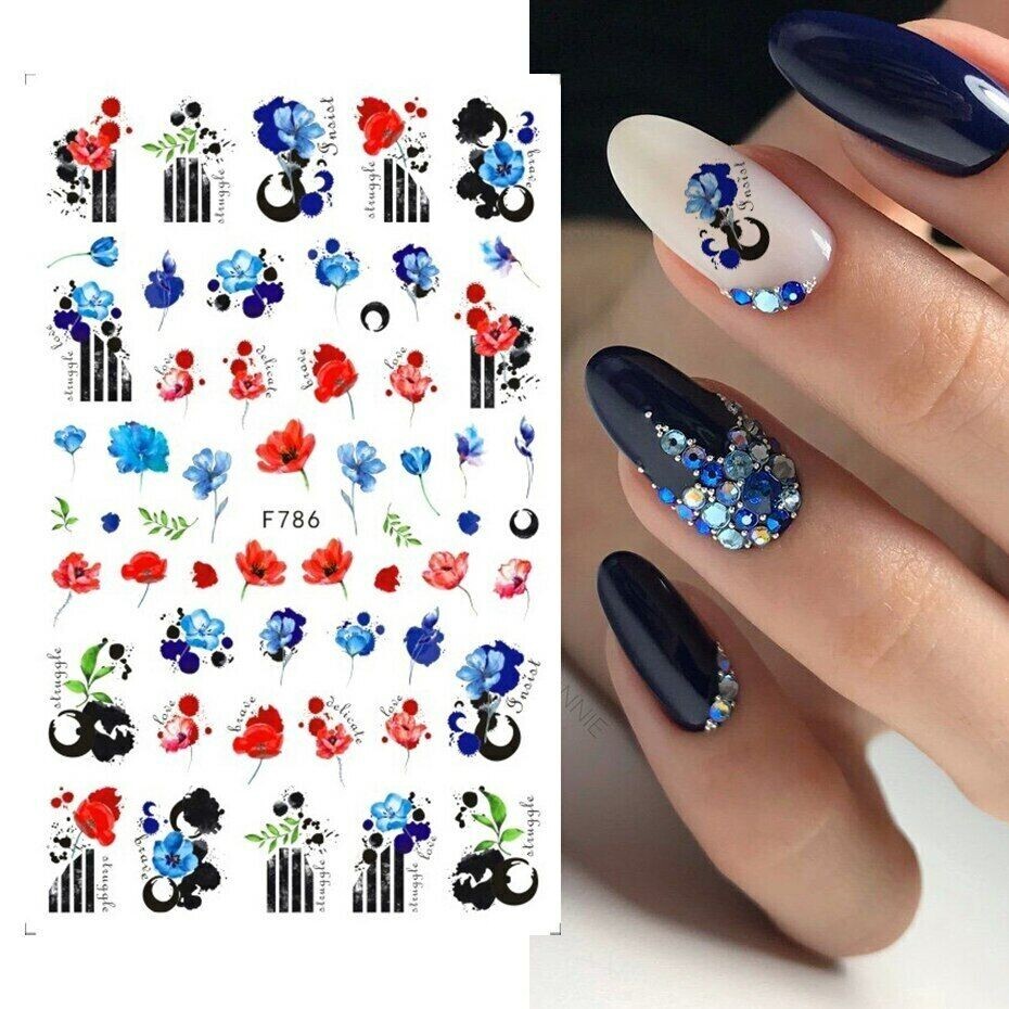 3D Nail Art Stickers Decals Autumn Poppy Day Flowers Floral Fern Leaf F786 NS41