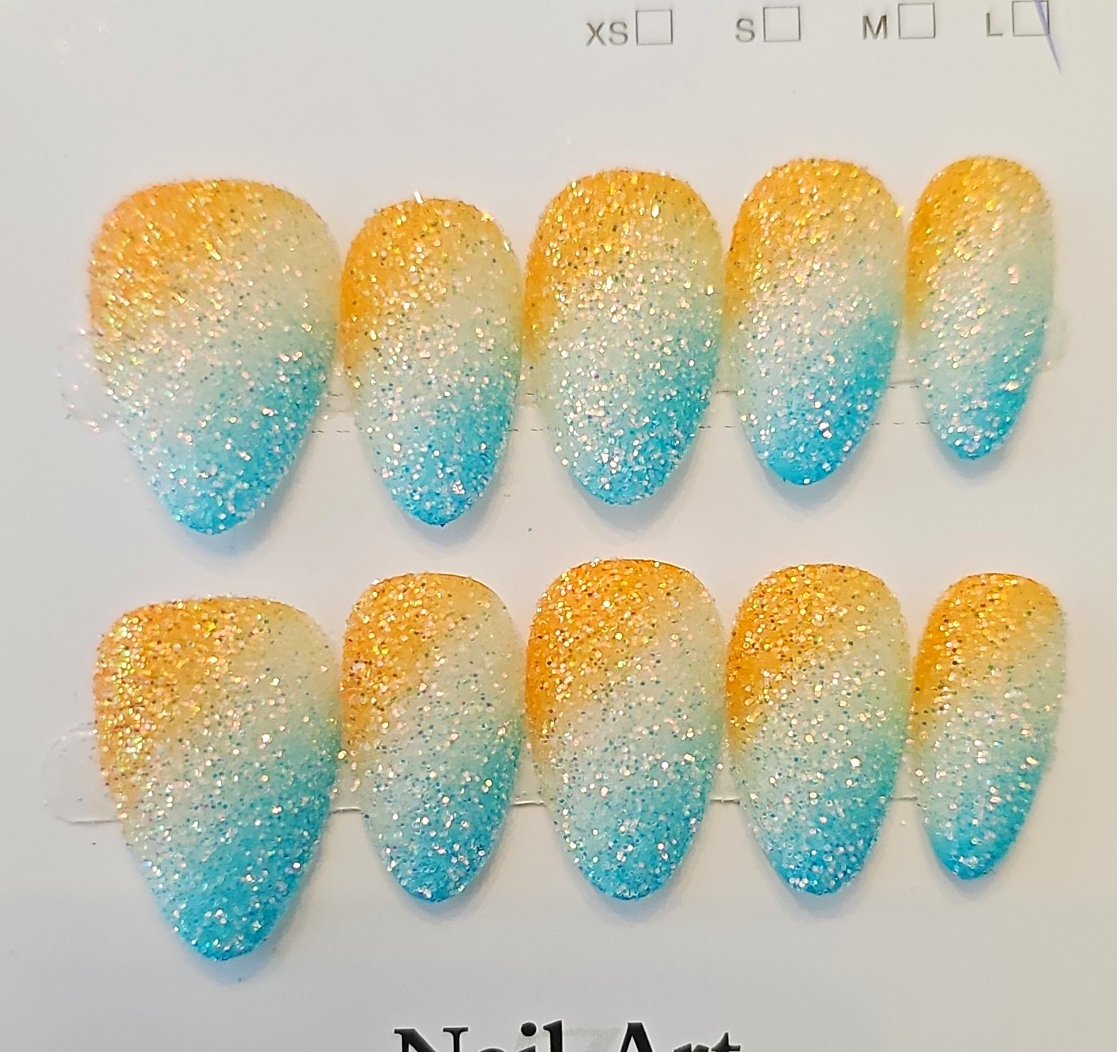 Press-On Nails Large Long Almond Acrylic Blue/White/Orange Glitter Ombre