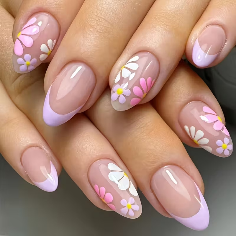 24pcs Short Oval Press-On Nails, Pink & Yellow Daisy Design, Purple French Tips