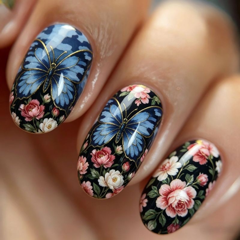 96Pcs Medium Rectangle Nails, Retro Blue Tone, Flower & Butterfly Pattern