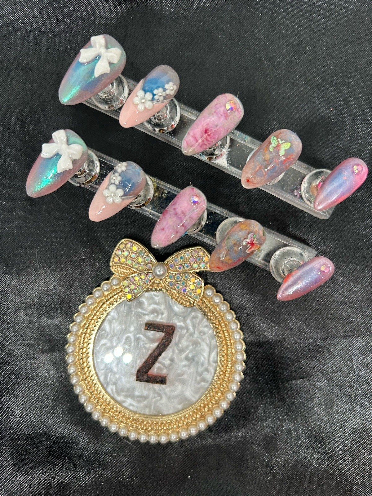Z NAILZ! Handmade M Almond Pink Floral With Embellishing Press On Nails