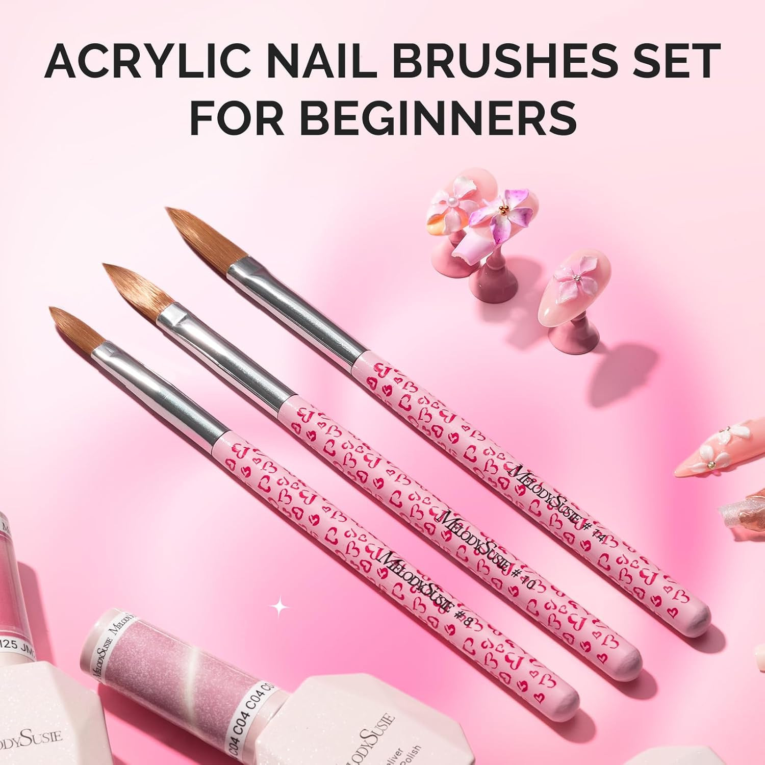 3-Piece Acrylic Nail Brush Set – Sizes 8/10/14, Professional Nail Art Tool for A