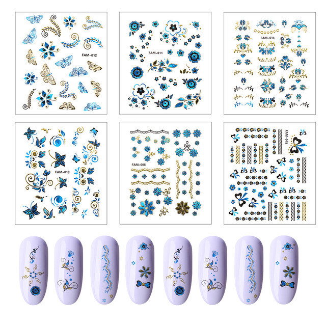 3 Sheets (random) 3D Nail Sticker Blue Gold Silver Butterfly Flower Lace Decals