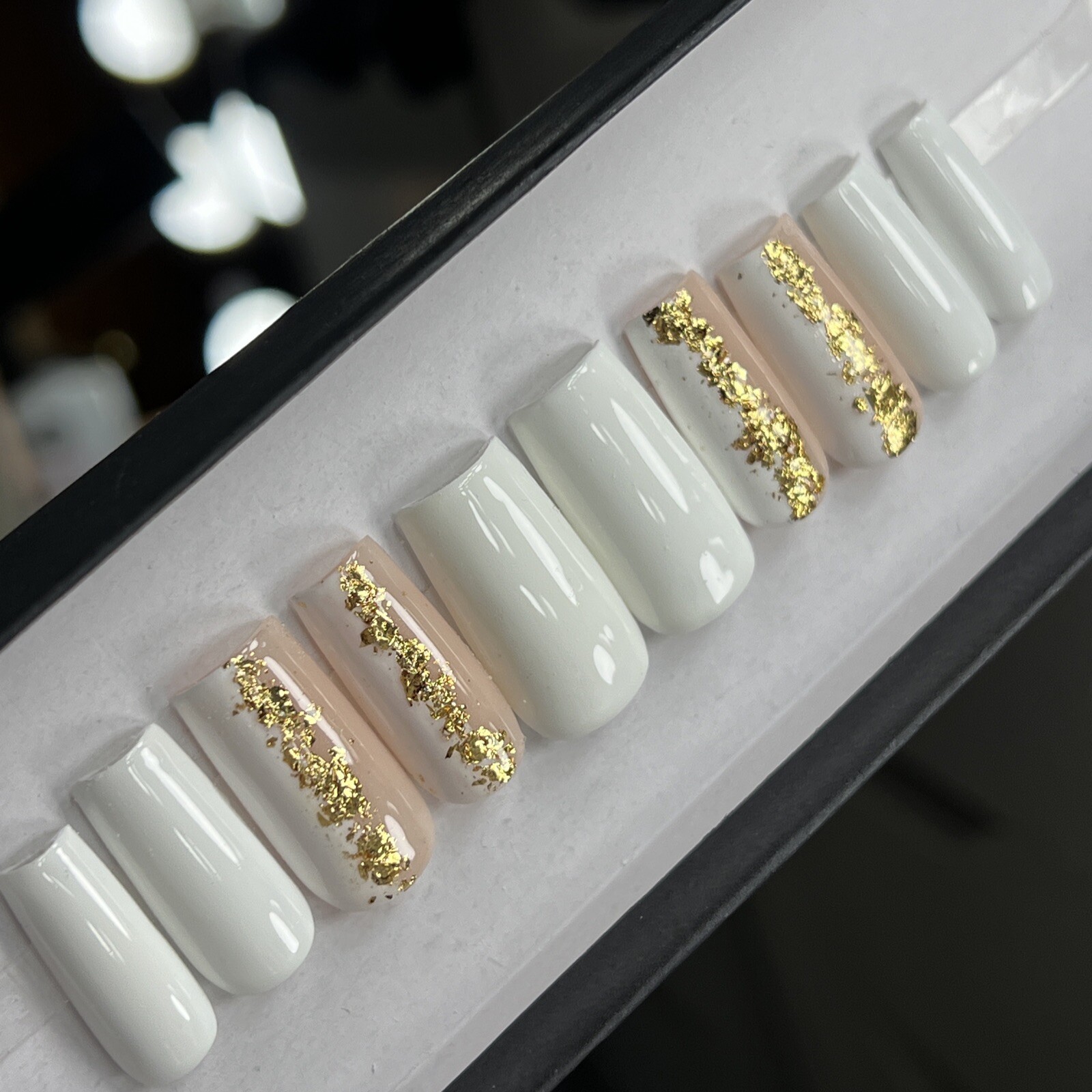 🤍 CUSTOM Gel Press On Nails, White Gold Flakes 10p FULL SET W Kit Square M