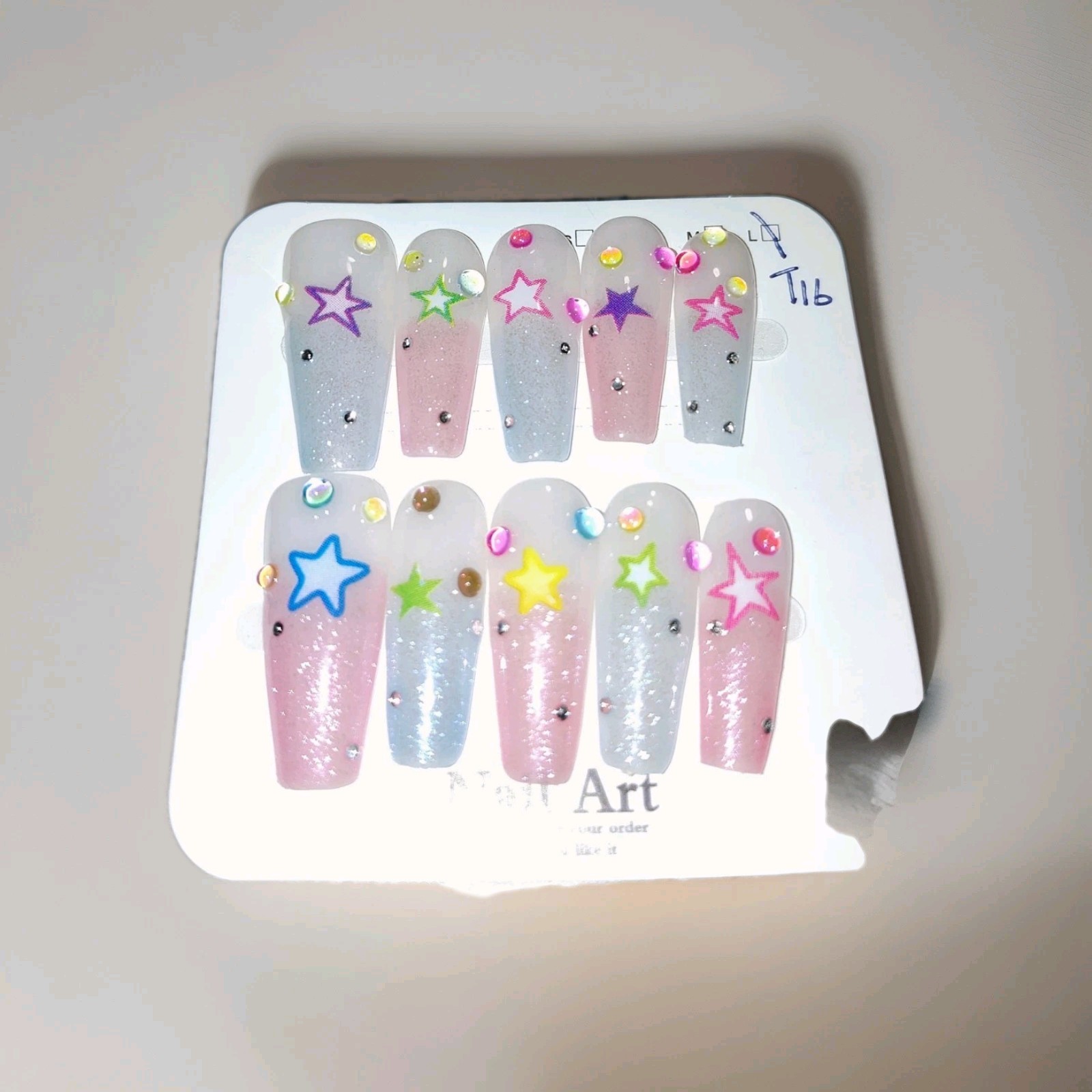 Pink Blue White Multicolor Glitter Star Long Coffin Press-On Nails Full Cover
