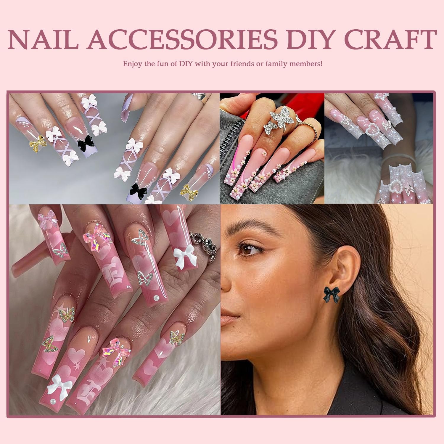 Bow Nail Charms and Gems Kit, 3D Color Kawaii Bow Nail Art Charms Gold Hollow…
