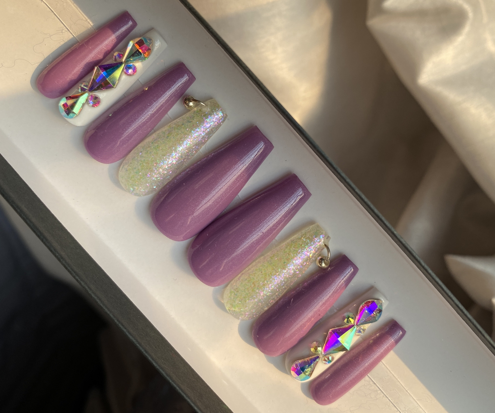 🔥CUSTOM Gel Press On False Nails, Purple w/ BLING 10 set, w/ FULL KIT NEW MED