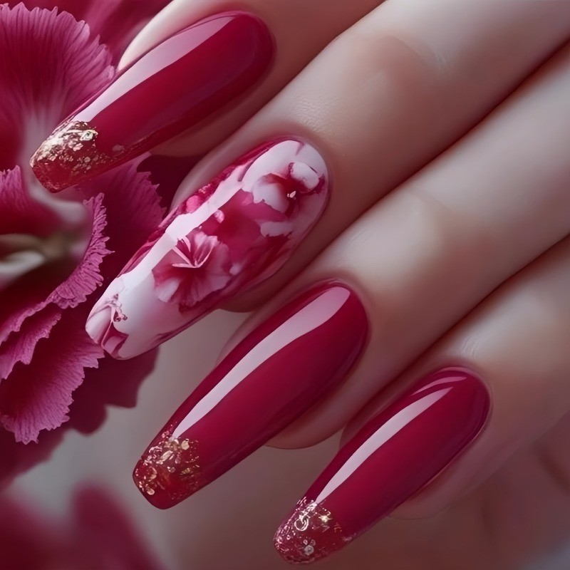 48 Pcs of Red Rose Long Ballet Nail, European and American Fashion Fake Nail Art