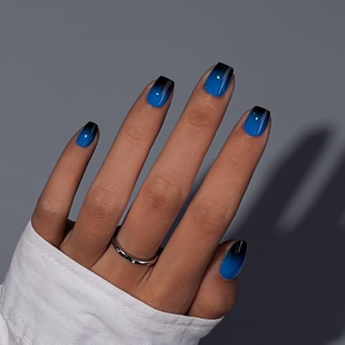 Press On Nails Short, Ombre Blue Black Press On Nails Square, Dark ombre blue