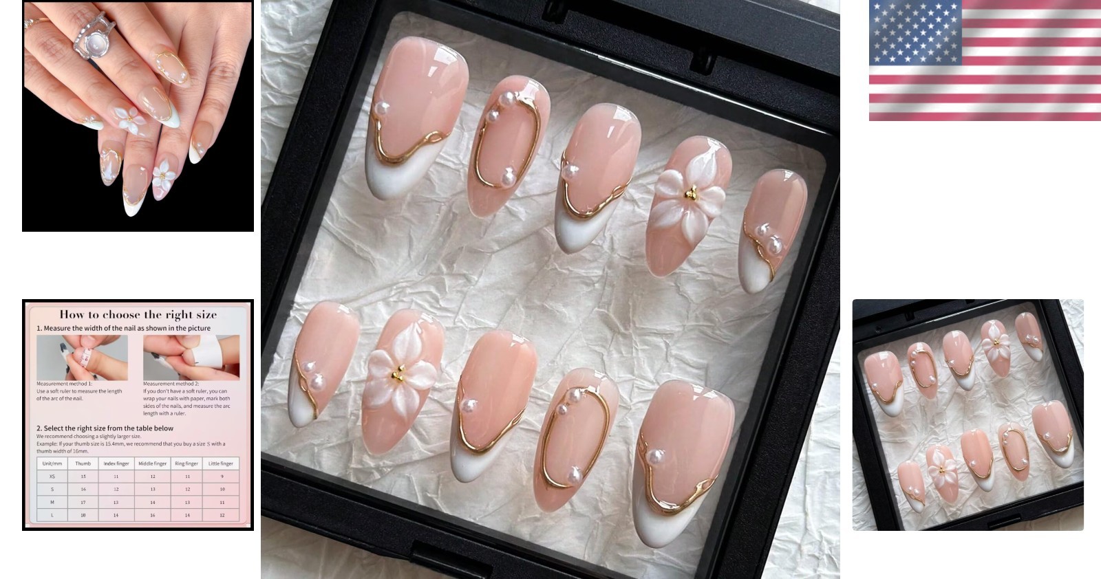 Handmade Almond Spring False Nails, 3D Floral & Pearl Design