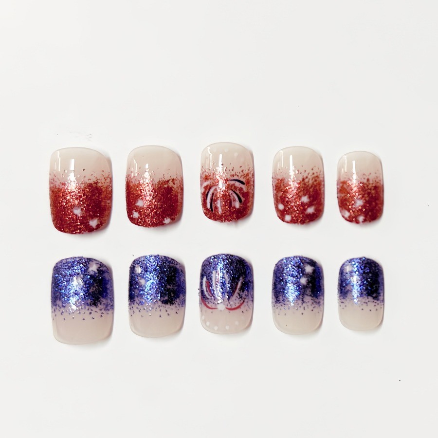 48pcs-4th of July Press on Nails with Glitter, Stars and Fireworks, Short Square