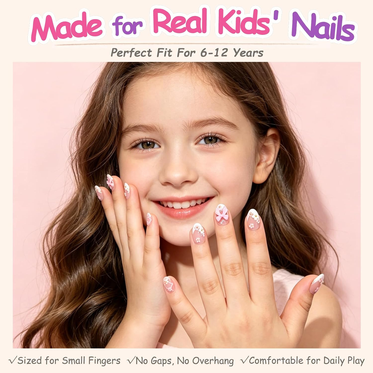 24 Pieces Press on Nails for Kids, Trendy Ballet Bow & Flower Kids Press on Nail