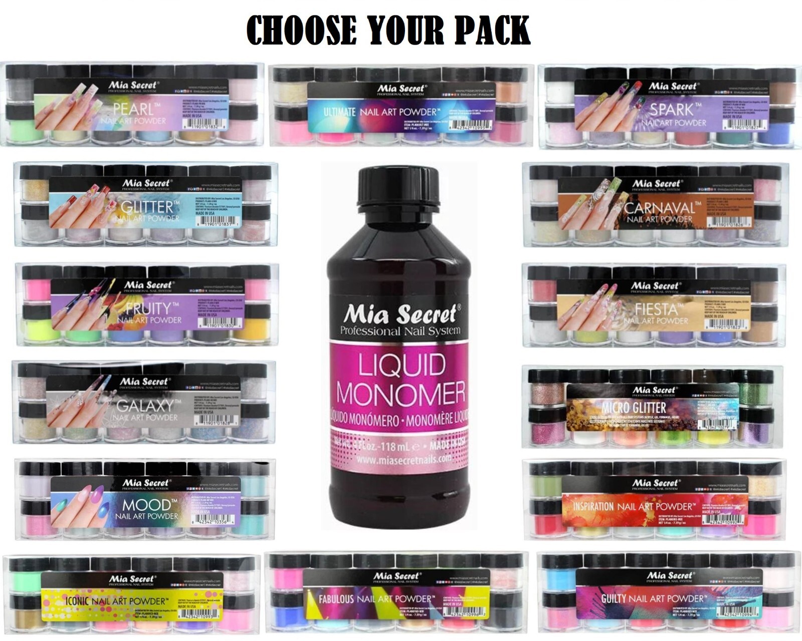 Mia Secret NAIL ART POWDER 12 Colors Set with Monomer 4 oz – CHOOSE YOUR COMBO
