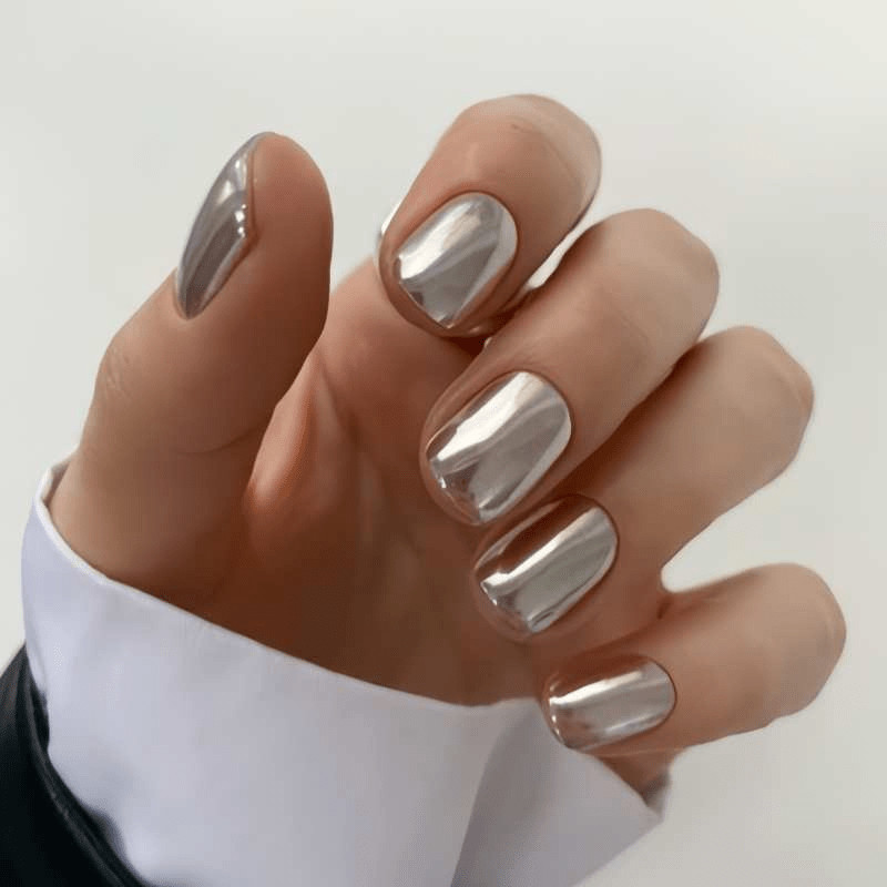 48Pcs-Short Square Silver Mirror Chrome Full Cover Press on Nails