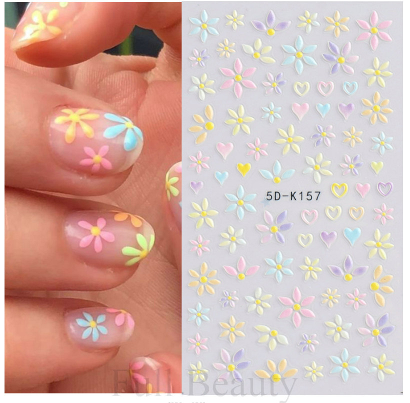 5D Embossed White Love Flower Bunny Daisy Fingers Toe Nail Art Stickers NS25