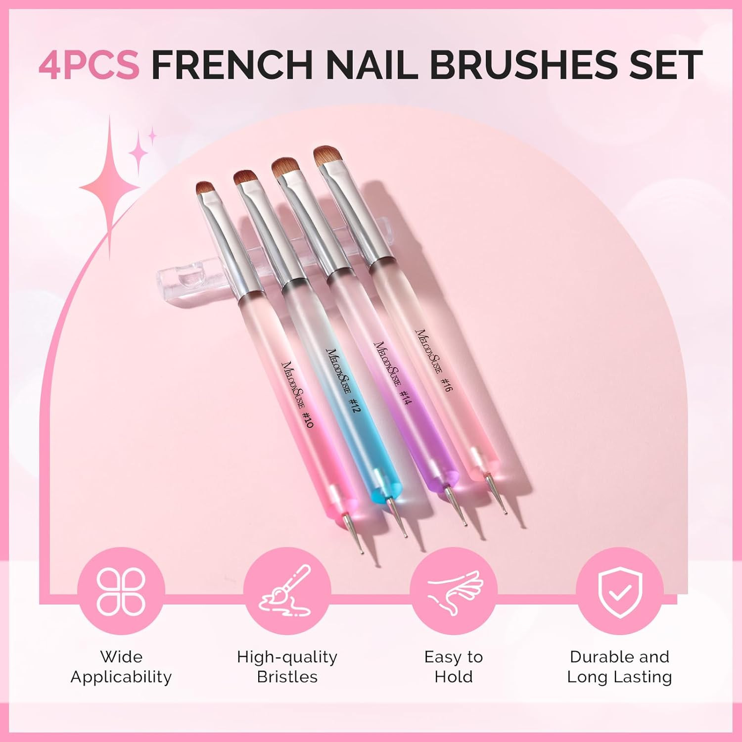 Melodysusie 4Pcs Dual-Ended French Nail Brush and Dotting Pen Set, Size #10#12#1