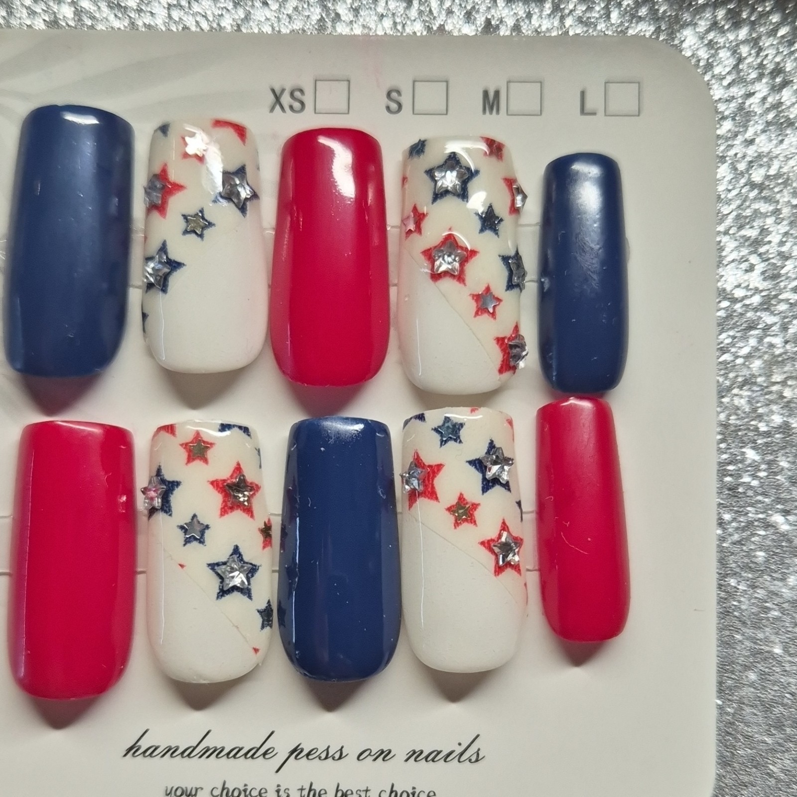 Red White Blue Shiny 3D Star Press-On Nails Set Pre-Designed Full Cover
