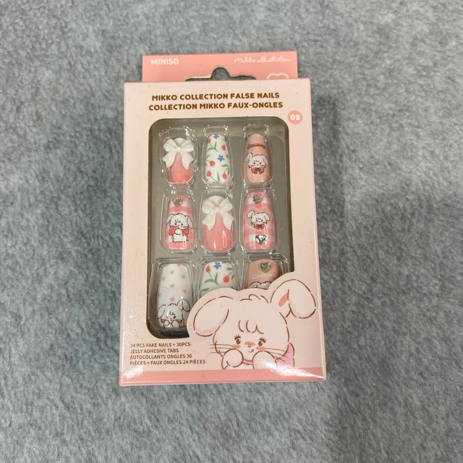 Miniso Mikko Illustration False Nails Kids Pink Cammy Bunny 3D Bows NEW NIB 24pc