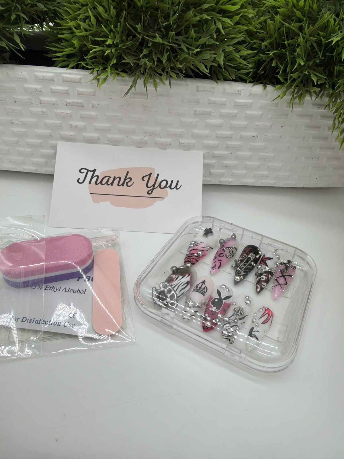 Y2K Punk Press-On Nails Pink Black Stiletto Playboy Crown Charms 3D Handmade
