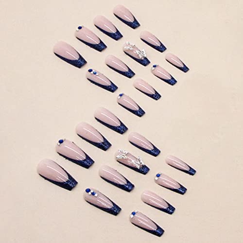 Long Press on Nails Square French Fake 24 Count (Pack of 1) Blue Butterfly