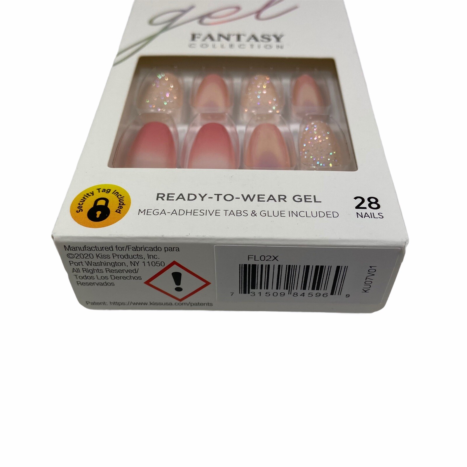 NEW Kiss Nails Gel Fantasy Press Glue Manicure Medium Coffin Pink Ombre Glitter
