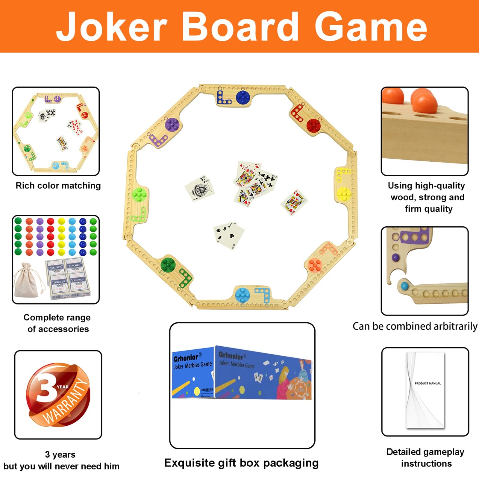Grhonior Marbles and Jokers Board Game Pegs 8 plank, Log-8player