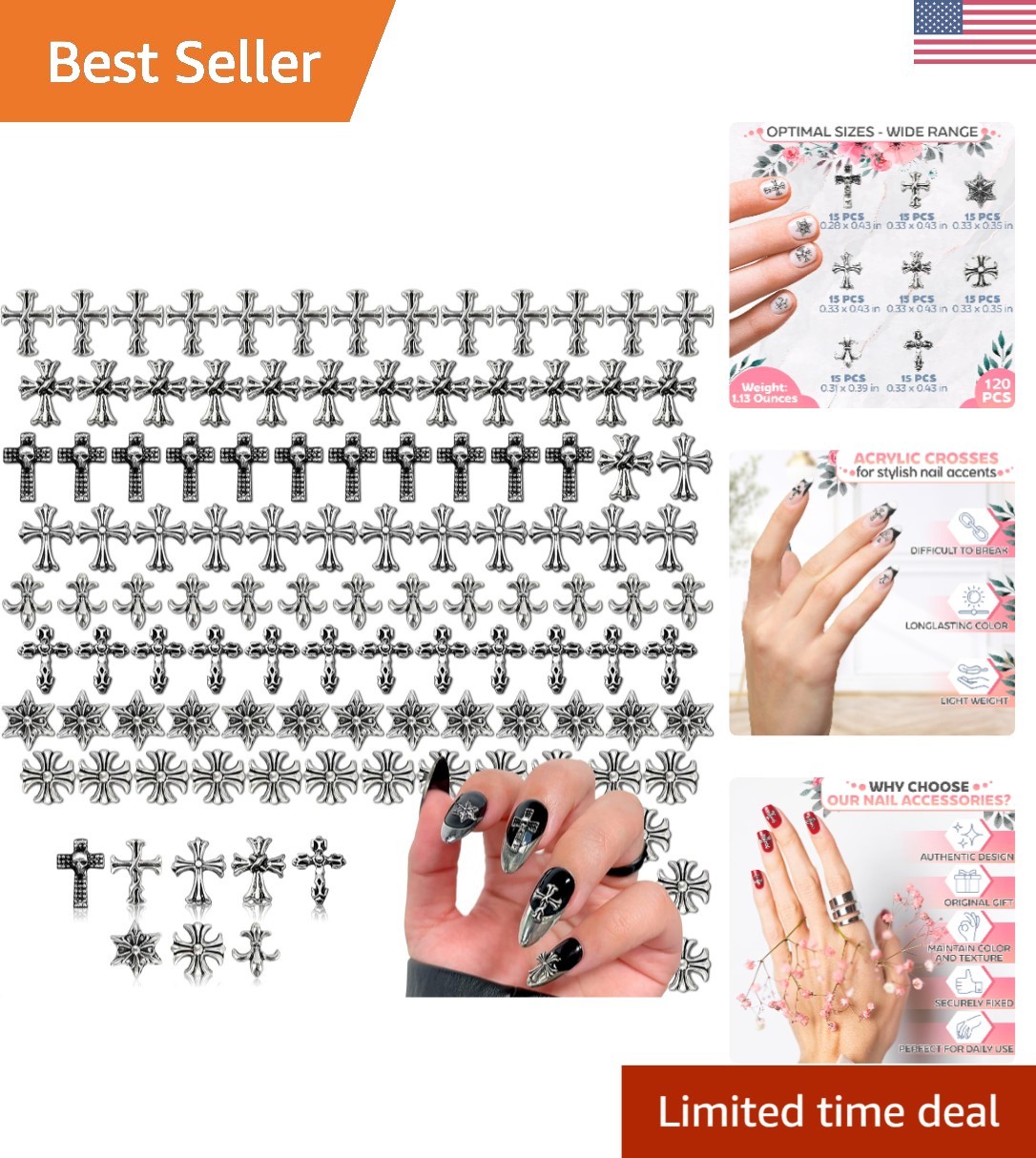 Gothic & Y2K 3D Silver Cross Nail Charms – 120 Pcs for Creative Projects