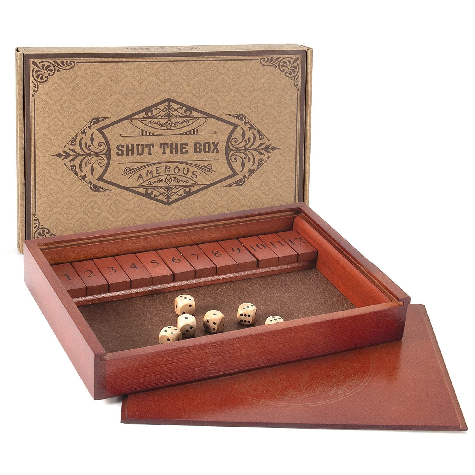 AMEROUS Shut The Box Dice Game，Wooden Board 220.5 cubic inches, Multicolor