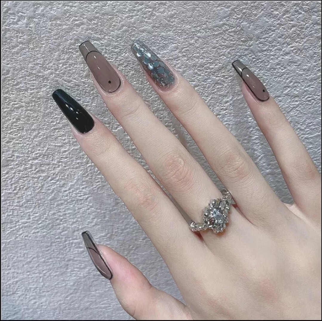 24 Long Jelly Black Clear press on nails kit with glue monochrome gray