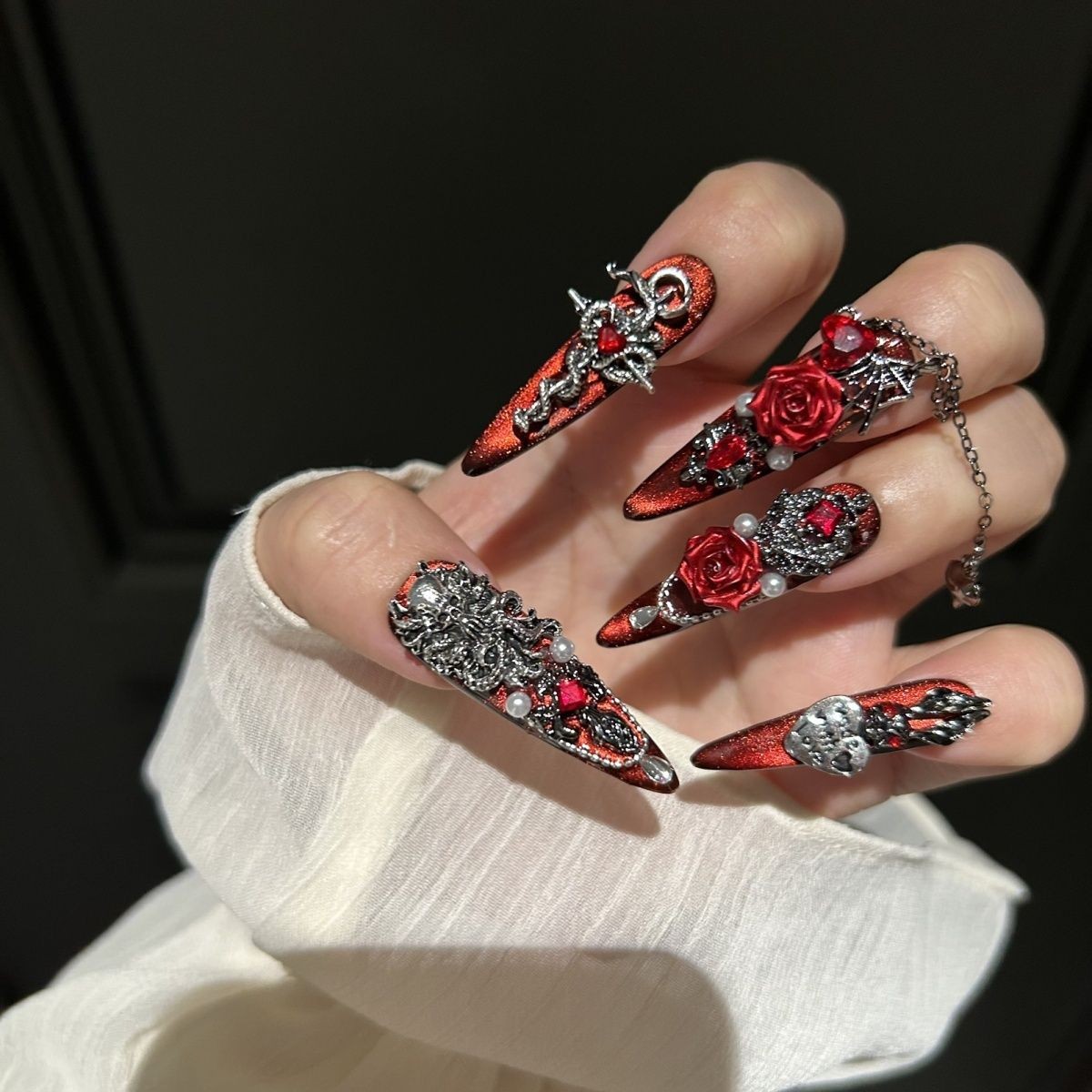 Handmade Gothic Rose Dark Nails Removable Press On Nails