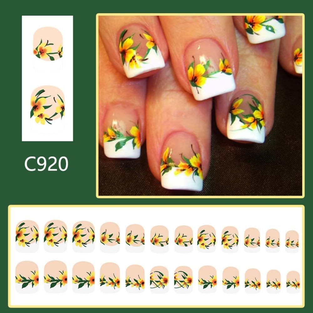 White French Tip Press on Nails Short Square False Nails – Yellow Flower Desi…