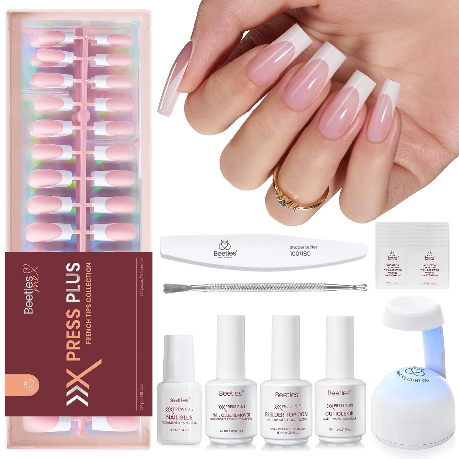 Long Square French Tip Press On Nail Kit – 224 Pcs, 16 Sizes, Glue & Lamp Includ