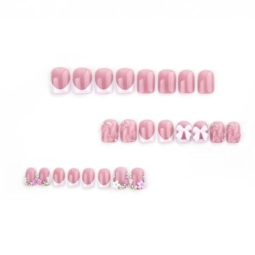 Pink Press on Short Square Fake Nails with 3D Bow Charms Standard Dark Pink