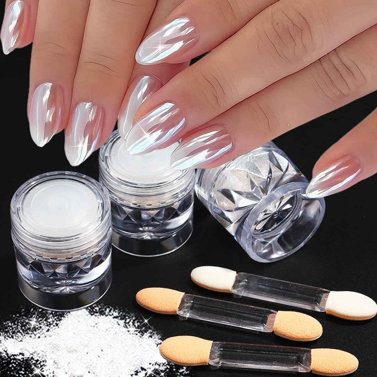 3Pcs Moonlight White Pearl Chrome Nail Powder, Super Glossy Clear Mirror Effect