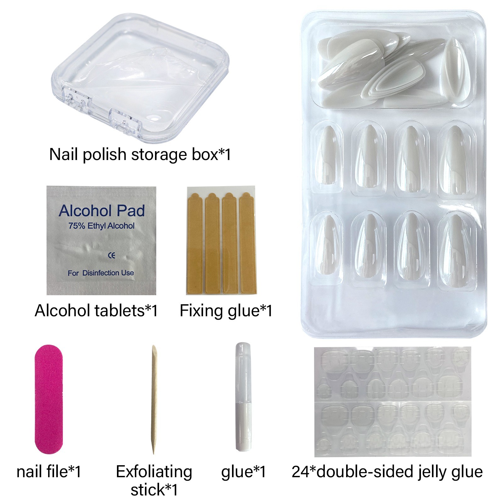 Clear Nude Long Almond Press-On Nails, 24Pcs Fake Nails with Full Prep Kit