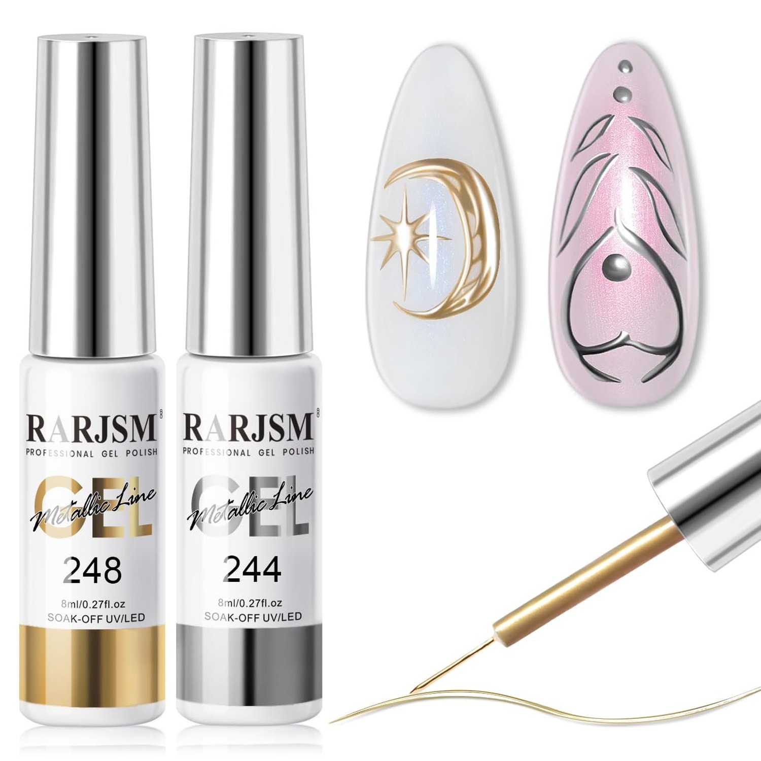 Metallic Gel Liner Nail Art Silver Bronze Gold 2Pcs Set Mirror Chrome 3D Effect