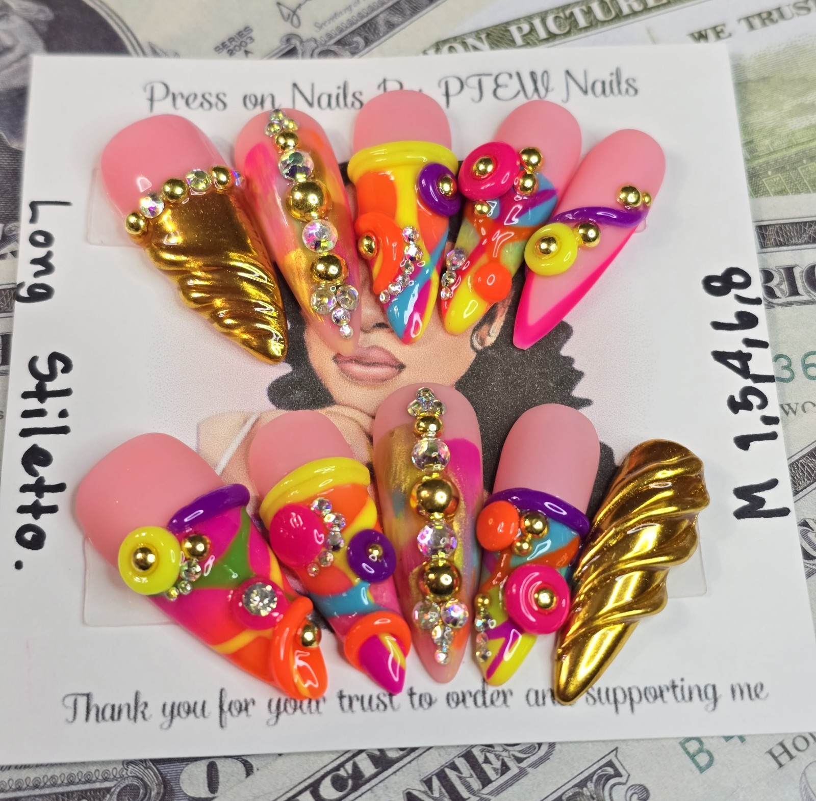 Handmade Press On Nails, Colorful Nails,Medium Size 1,5,4,6,8 Long Stiletto