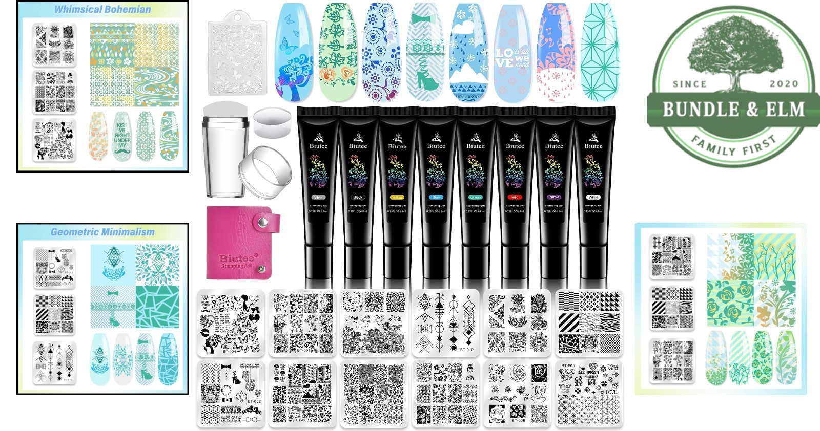 Durable Stainless Steel Nail Stamping Plates Set with 8 Vibrant Gel Polishes