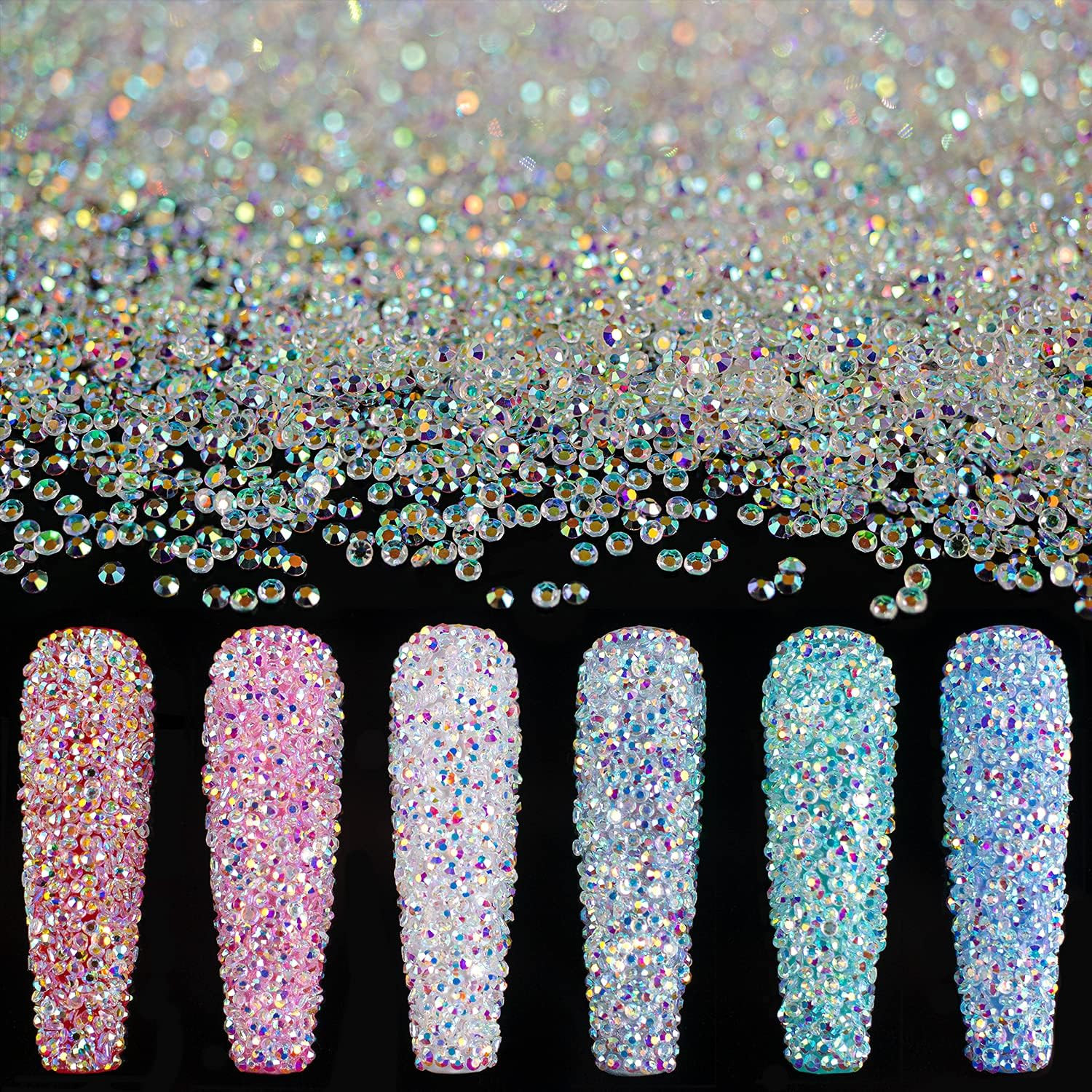 5000Pcs 1.2mm AB Glass Nail Rhinestones, Tiny Pixie Crystals & Caviar Beads