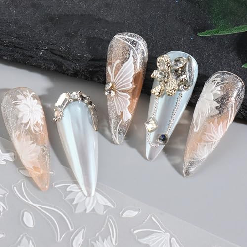 White Lace Flower Butterfly Nail Art Stickers 3D Flower Nail Stickers for Nail