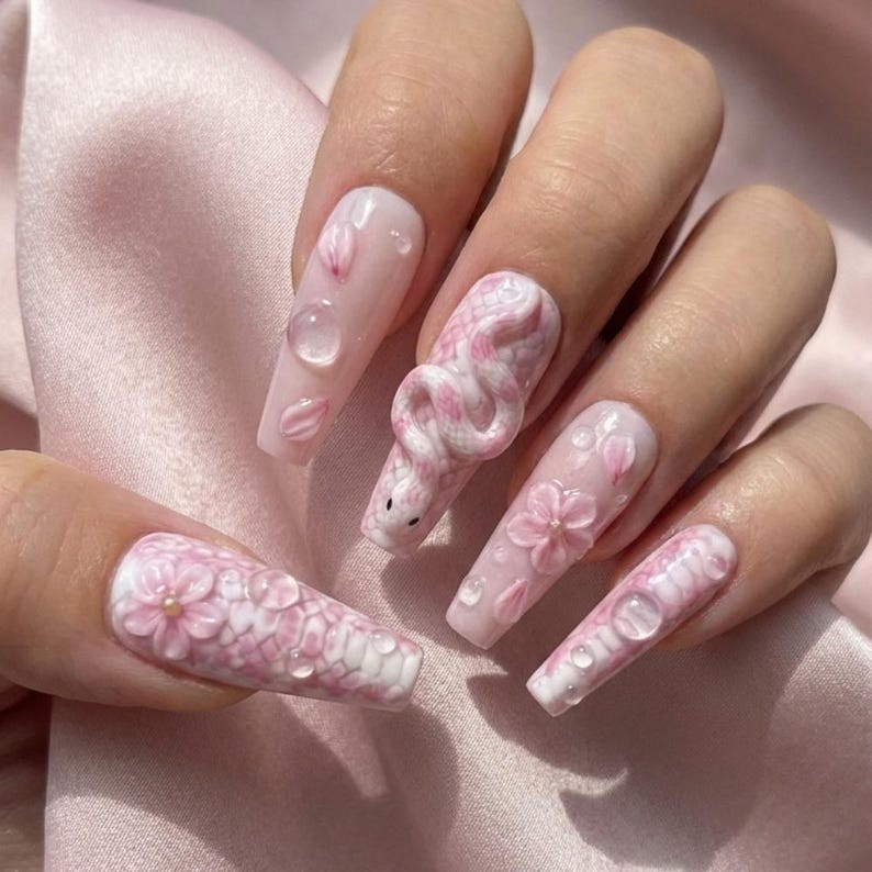 Pink Snake Press On Nails, 3D Sakura Cherry Blossom Nails, Luxury Sculpted Nails