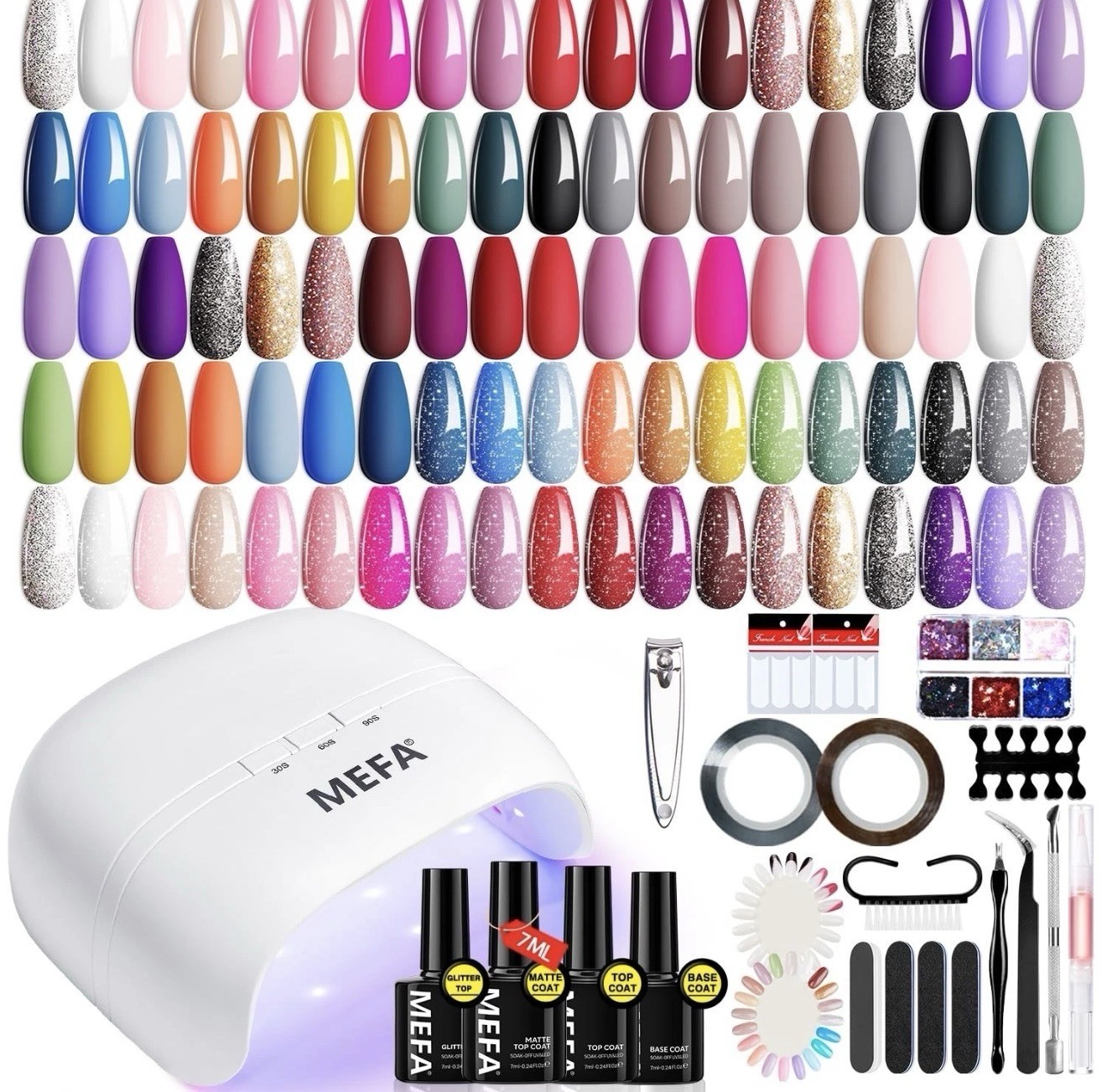 MEFA Gel Nail Polish Kit with U V Light, 32 Colors All Seasons Soak Off 56 Pcs