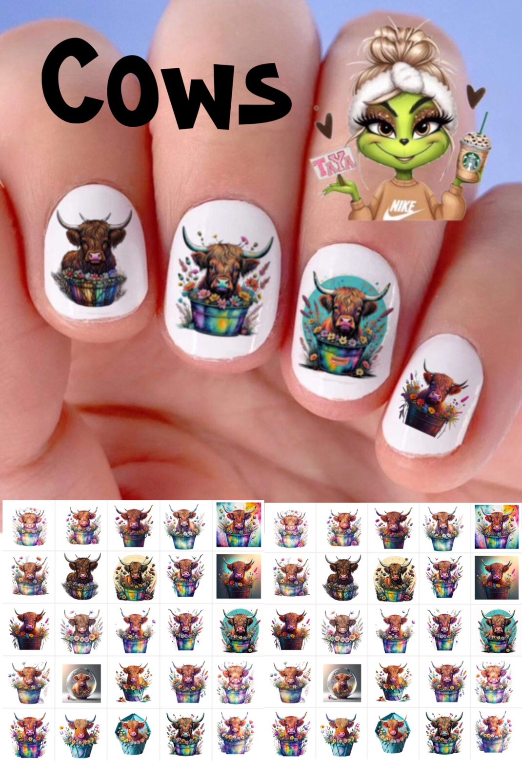 Cows In Buckets Waterslide Nail Art Decals Set of 50 Instructions & Bonus