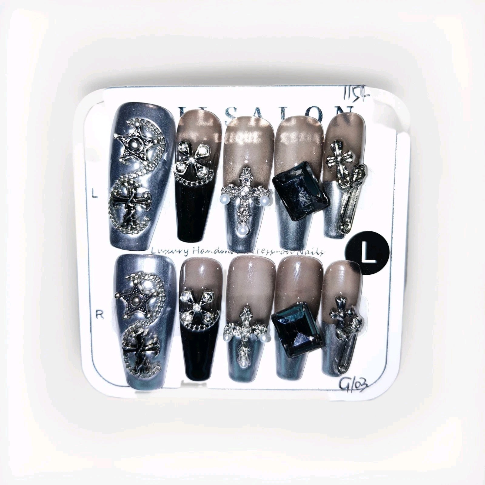 Silver Black Brown 3D Cross Star Gem Long Square Press-On Nails