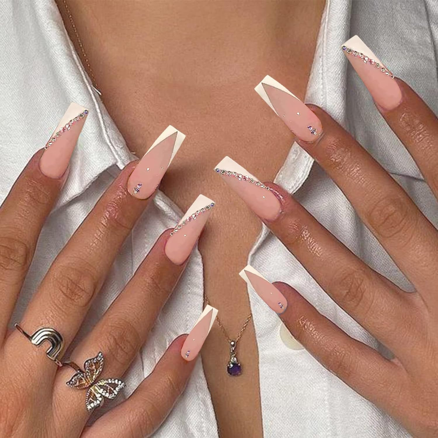 Elegant French Tip Press-On Nails with Pink & White Rhinestones, Coffin Shape