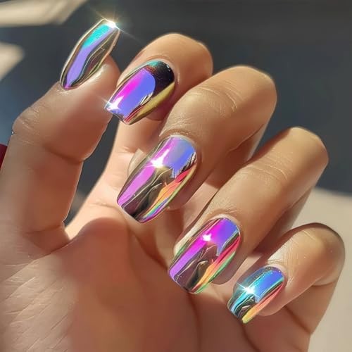 24Pc Chrome Press On Nails Medium Square Fake Nails Metallic normal-nails6