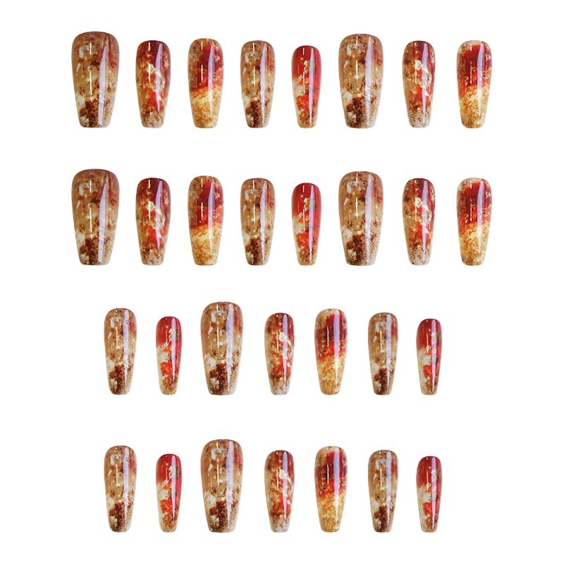 48Pcs-Autumn Gold Press on Nails Long Coffin Nail Art Amber Gradient Finish