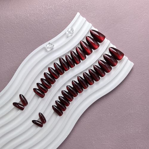 Dark Red Cat Eye Press On Nails Almond – Acrylic Press On cat eye wine red