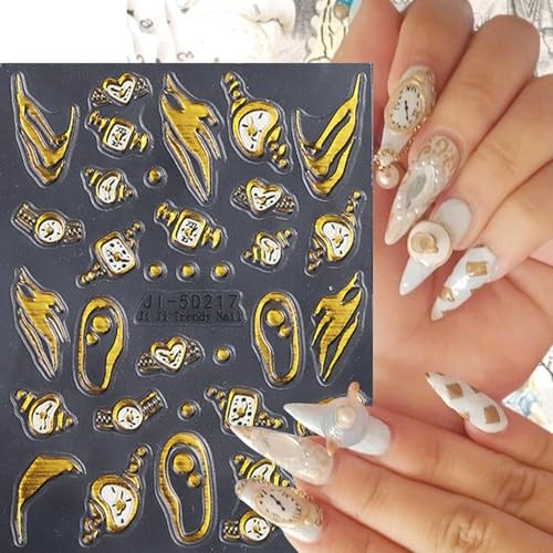 2Sheets Vintage Watch Nail Art Stickers 5D Embossed Gold 5D Gold Irregular 14