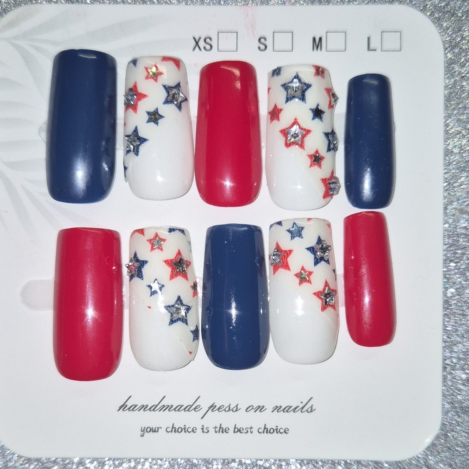 Red White Blue Shiny 3D Star Press-On Nails Set Pre-Designed Full Cover